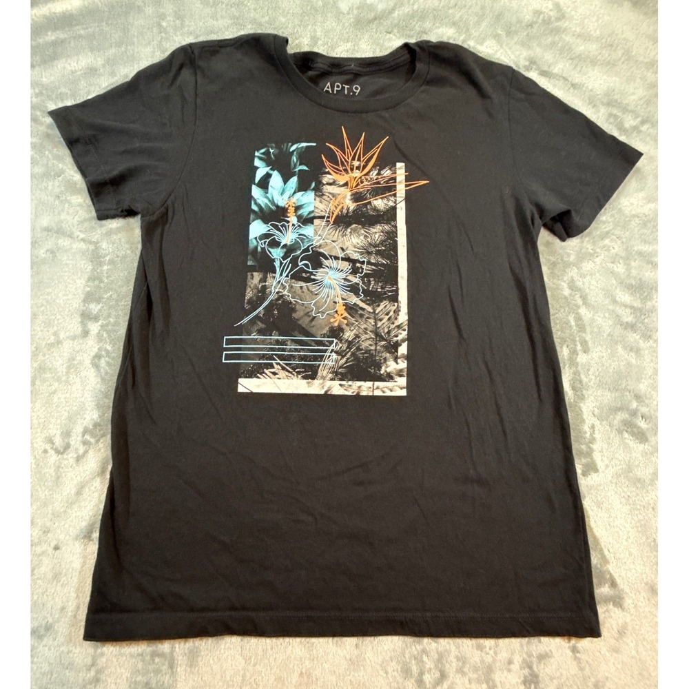 Apt 9 Graphic Tee Black Tropical Floral Hibiscus Bird of Paradise T-Shirt Beach